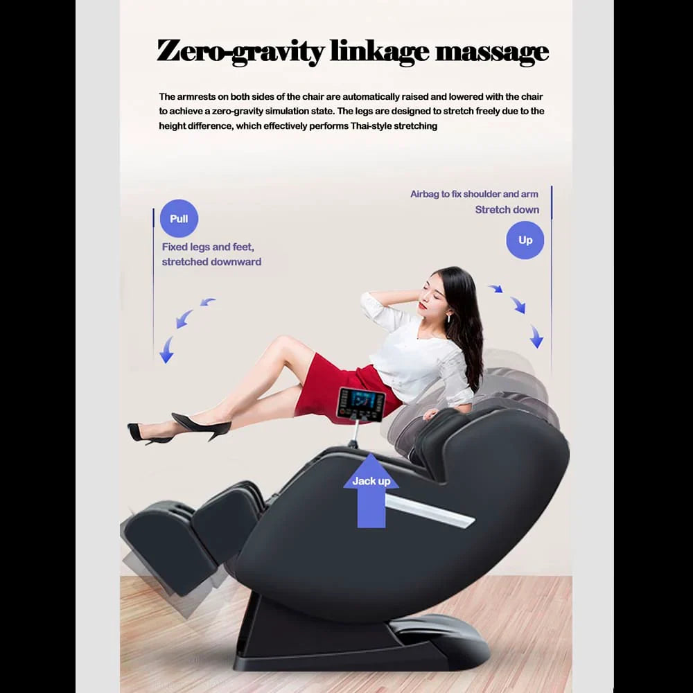 Massagestol 4D med SL-teknologi, lufttryksmassage, Varmeterapi og stor touchskærm - Model A6 Sort