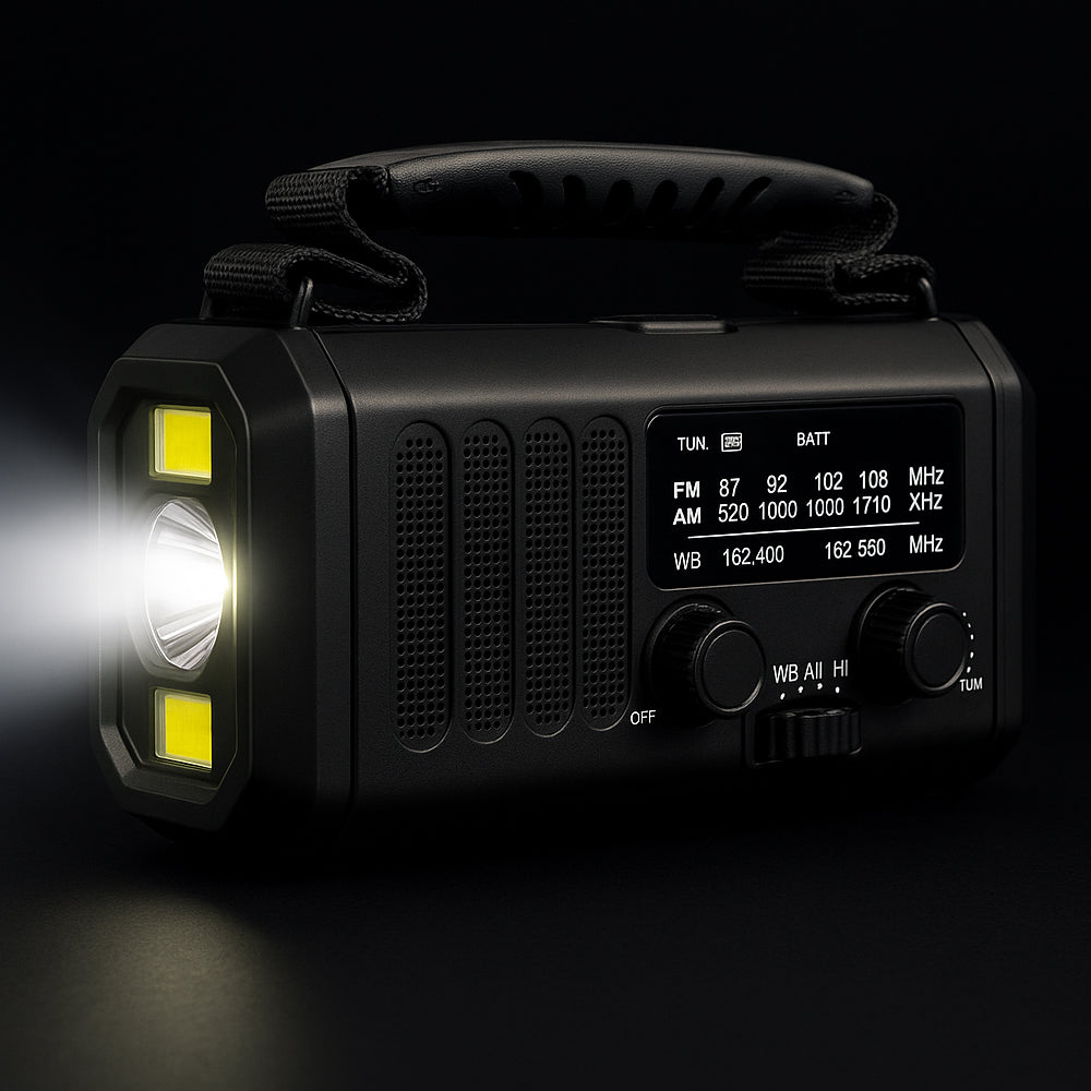 Nødradio med Powerbank, Solcelle & Håndsving