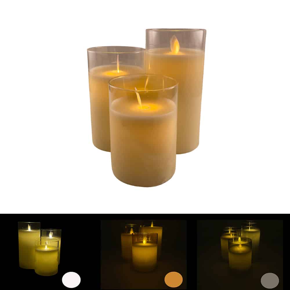 LED stearinlys i glas - 3 stk. - 12/15/17 cm - m/3D flamme - (flere farver)