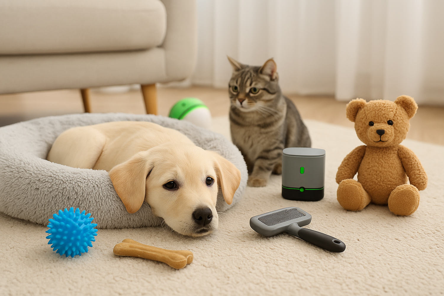 Kæledyrsprodukter fra Satana.dk – hund i blød donut-pude, kat, aktivitetslegetøj, tyggeben, børste og bamse til leg og hygge i hjemmet