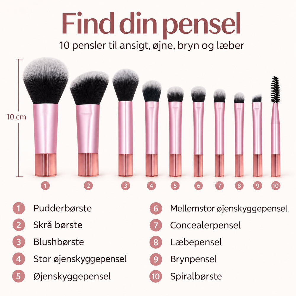 Makeupbørstesæt med 10 børster og lyserødt rejseetui