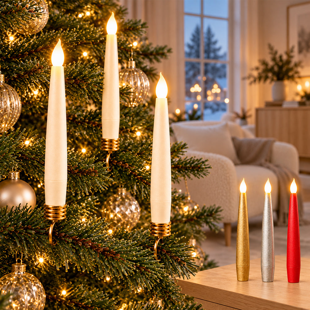 Juletræslys LED 10 stk. 4 farver Trådløse inkl. Fjernbetjening & Klemmer - passer til de fleste Georg Jensen lysholdere m.m.