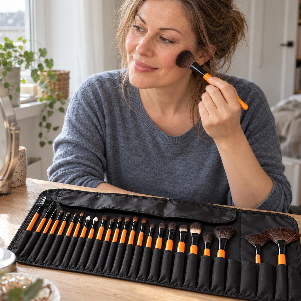Makeupbørstesæt med 24 dele og foldbart etui