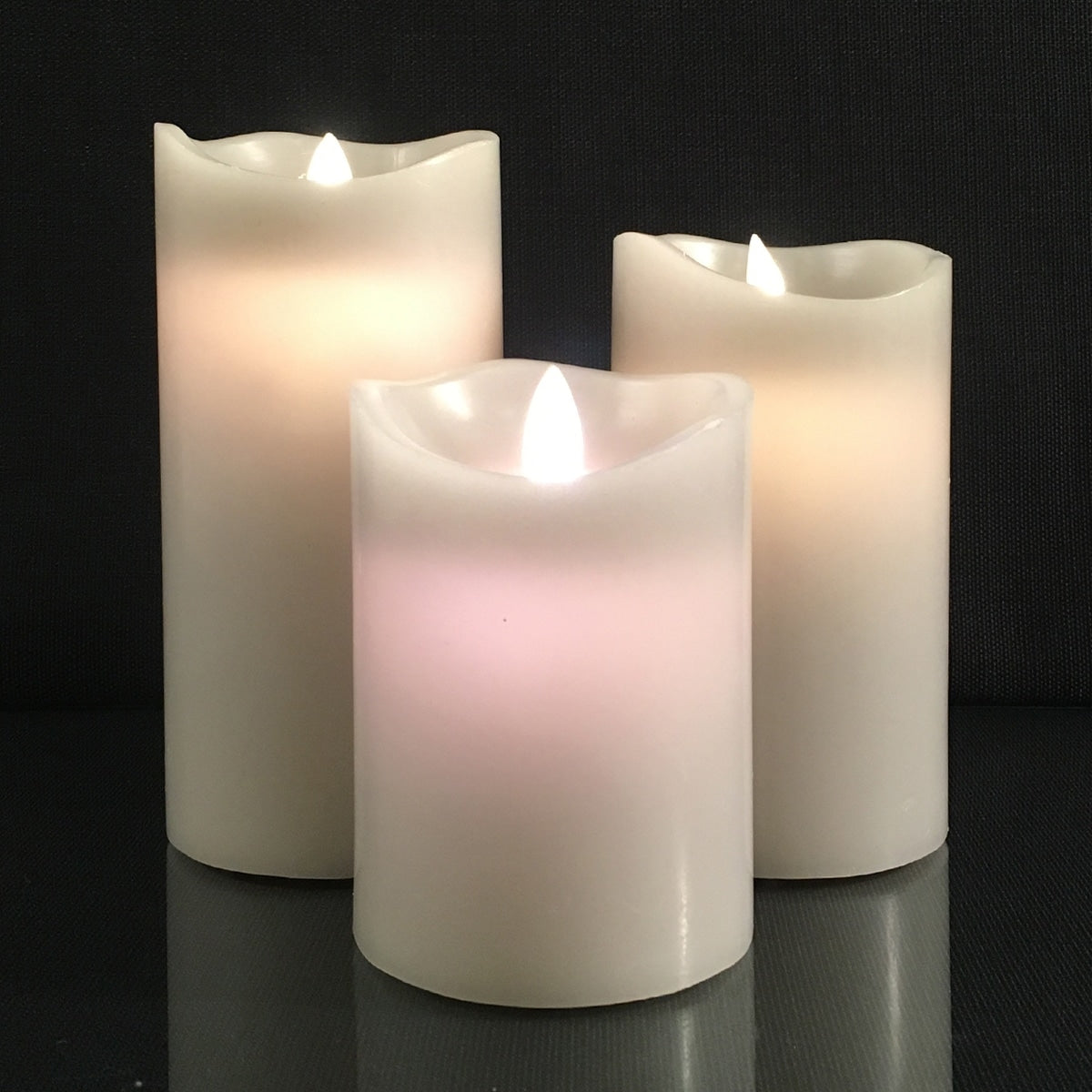 LED blok stearinlys - 3 stk. - 12/15/17 cm - m/3D flamme - (Flere farver)