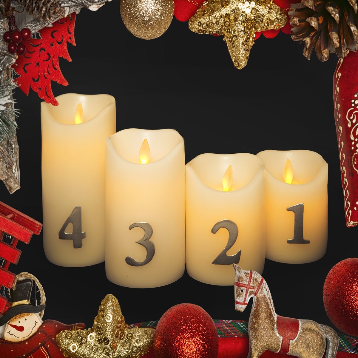 Adventslys LED m/timer og fjernbetjening - 4 stk. - 9/10/12,5/15 cm - m/3D flamme