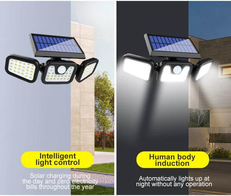 Kraftig LED-Solcellelampe med 3 spot og bevægelsessensor
