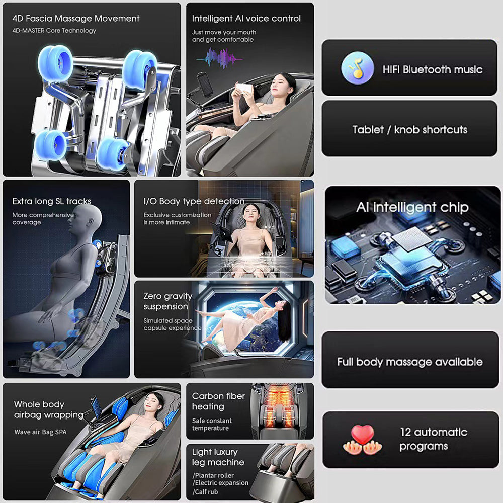 Massagestol 4D, Lux Pro med en af markedets bedste SL-skinner og intelligent AI-styring – Model 988F6