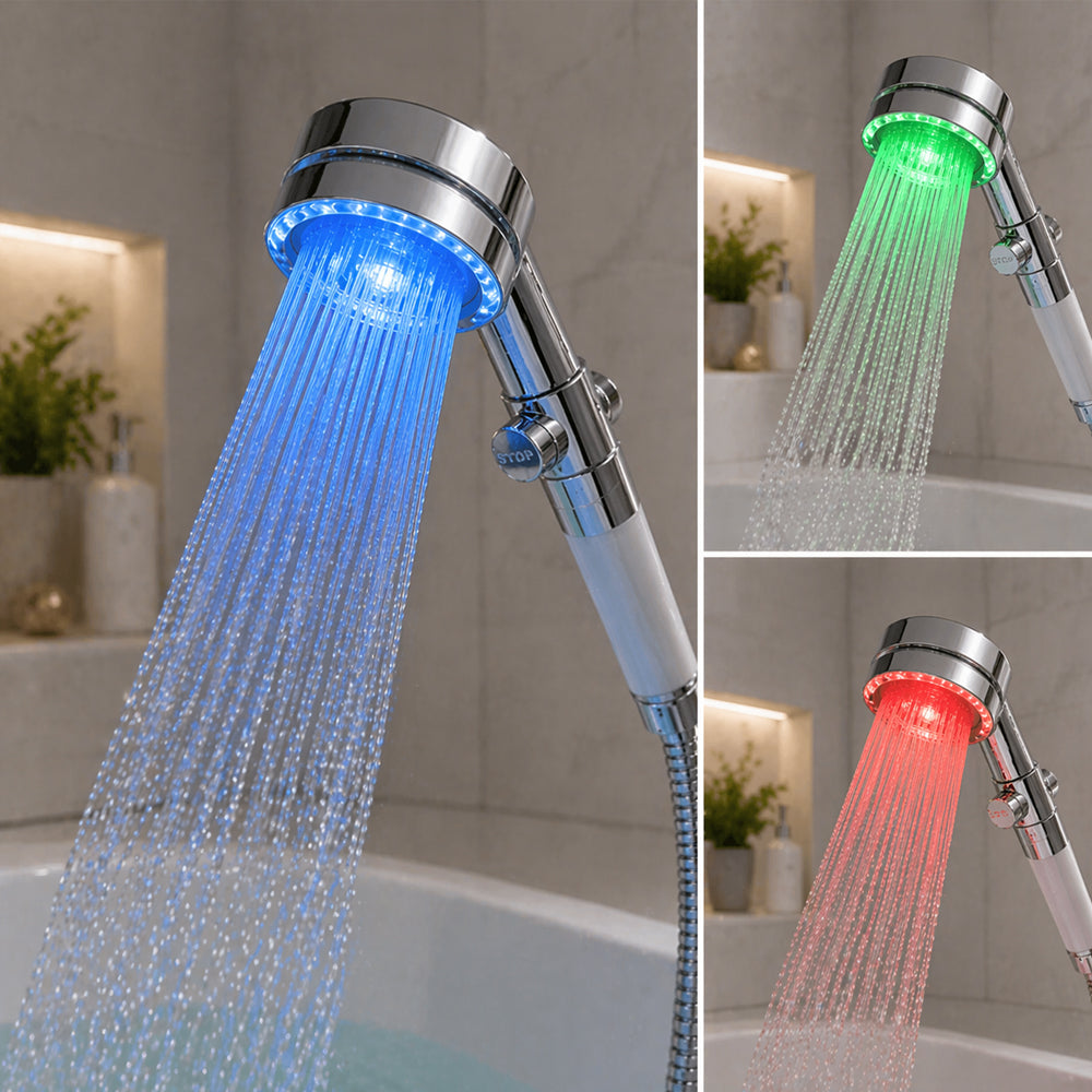 LED brusehoved -  Vandbesparende, temperaturkontrol i farverig LED lys
