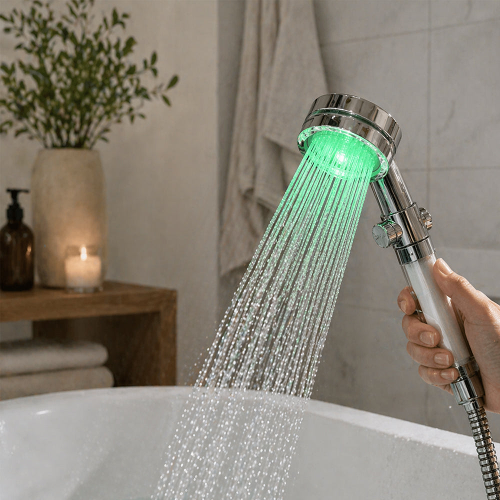 LED brusehoved -  Vandbesparende, temperaturkontrol i farverig LED lys