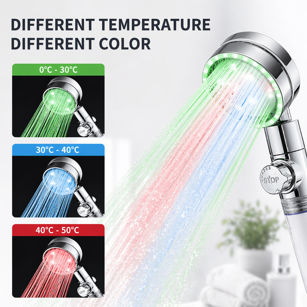 LED brusehoved -  Vandbesparende, temperaturkontrol i farverig LED lys