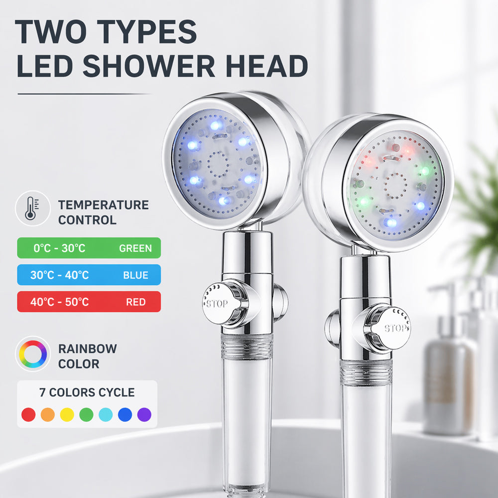 LED brusehoved -  Vandbesparende, temperaturkontrol i farverig LED lys