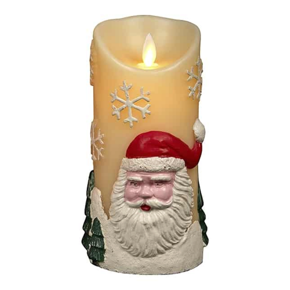 Satana.dk LED stearinlys med julemand og snefnug, 18 cm højt med naturtro 3D flamme i varmt gult lys.