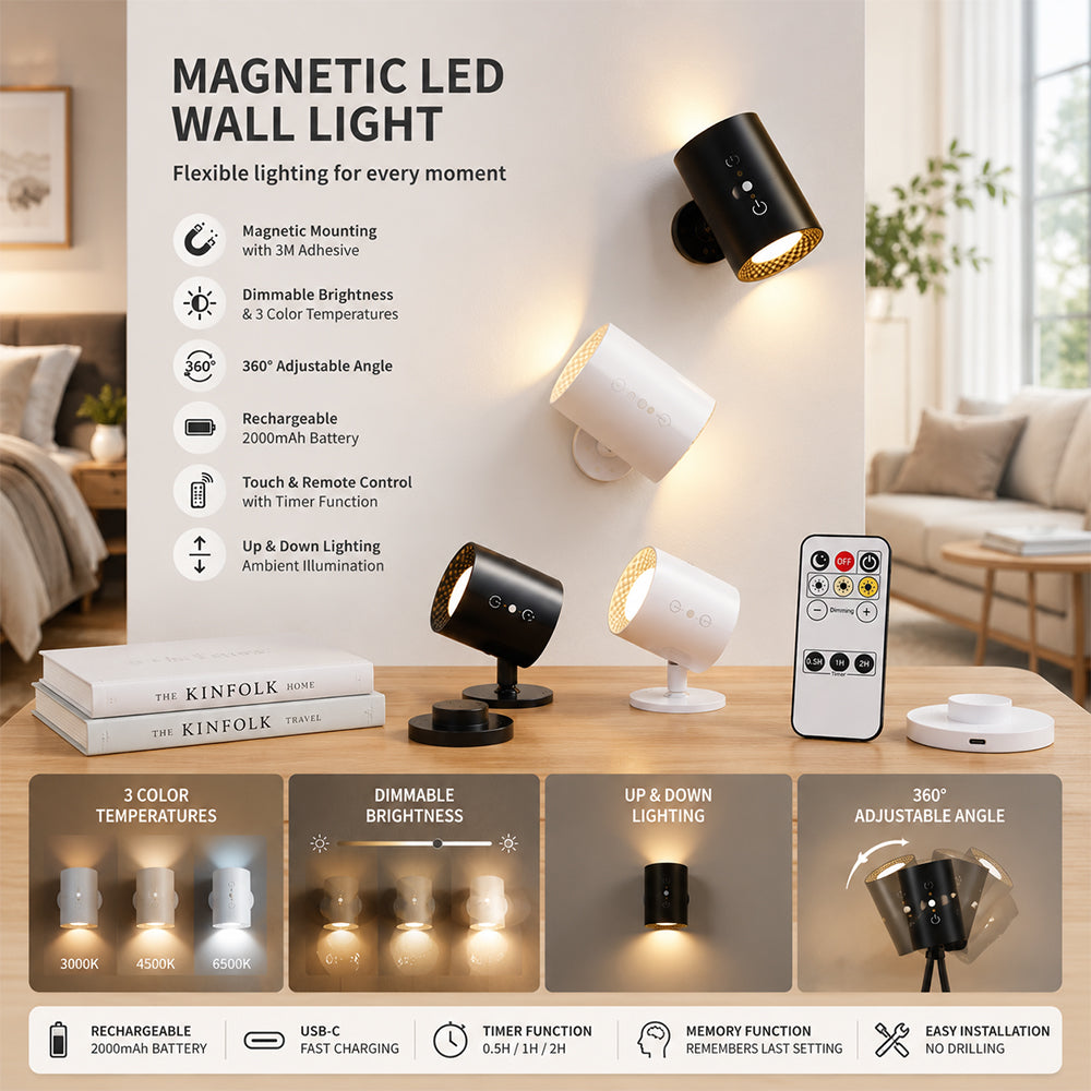 LED natlampe 360° roterbar, magnetisk, 3 farvetemperaturer - hvid eller sort