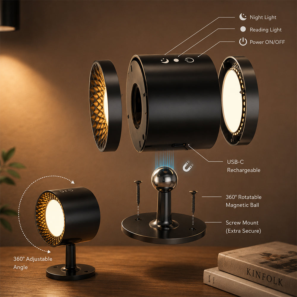 LED natlampe 360° roterbar, magnetisk, 3 farvetemperaturer - hvid eller sort