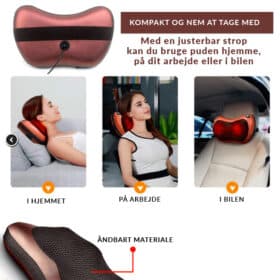 Massagepude m/varme & magnetisk terapi til nakke-, ryg- og benmuskler (til hjemmet og bilen)