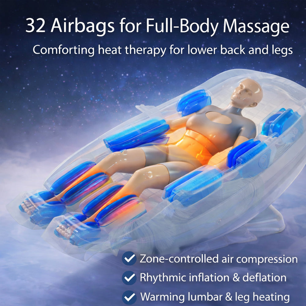 Massagestol 4D kropsscanning, Dual Zone Stretching, 32 airbags, varme i ben/læn & Zero Gravity - Model 988A