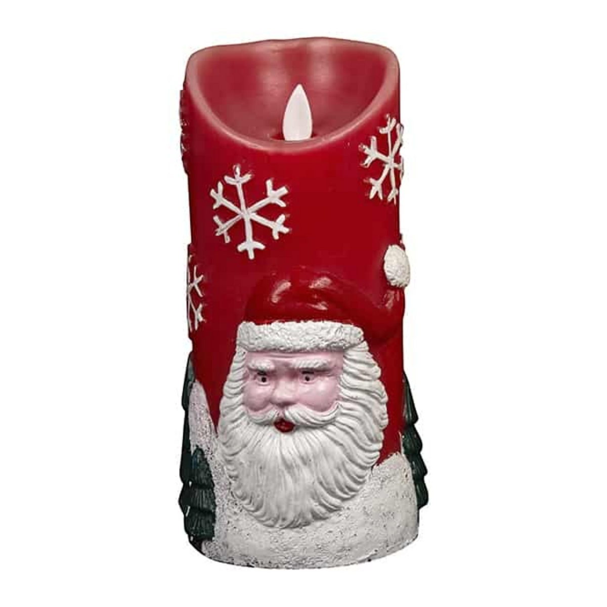 Satana.dk rødt LED-stearinlys med julemand og snefnug, 18 cm højt med naturtro 3D-flamme til julepynt