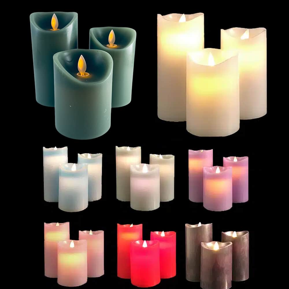 LED blok stearinlys - 3 stk. - 12/15/17 cm - m/3D flamme - (Flere farver)